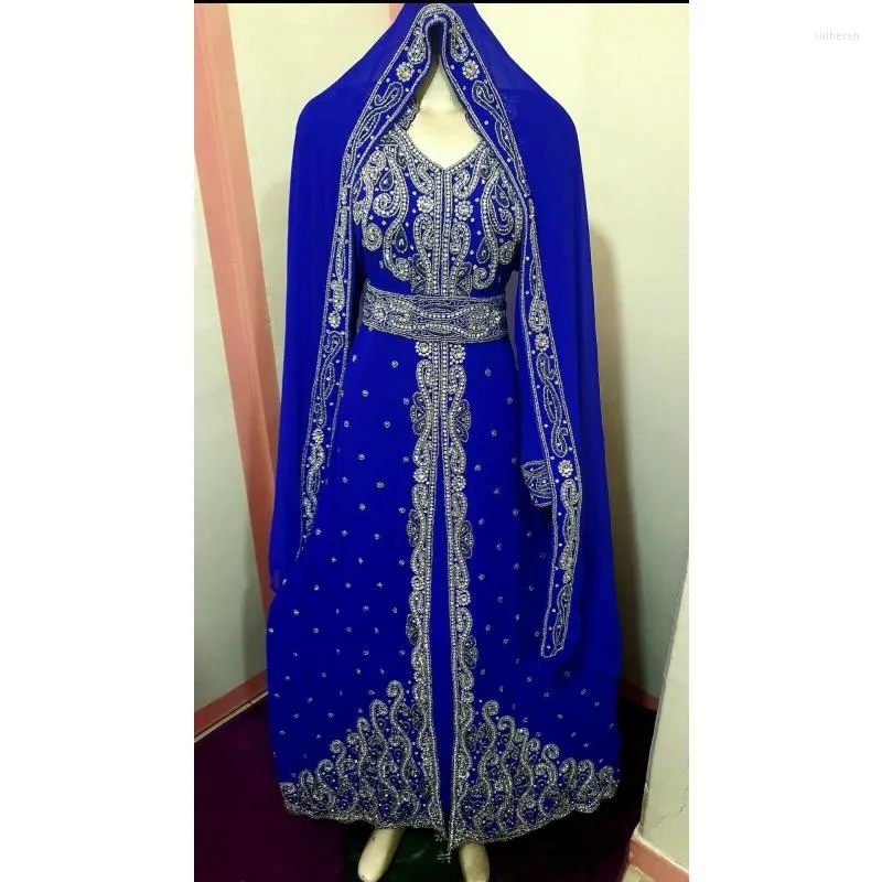 Ethnische Kleidung, blaues Kleid, afrikanisches Kostüm, Brautjungfer, Abaya, langes, formelles, perlenbesetztes, marokkanisches Dubai-Hemd