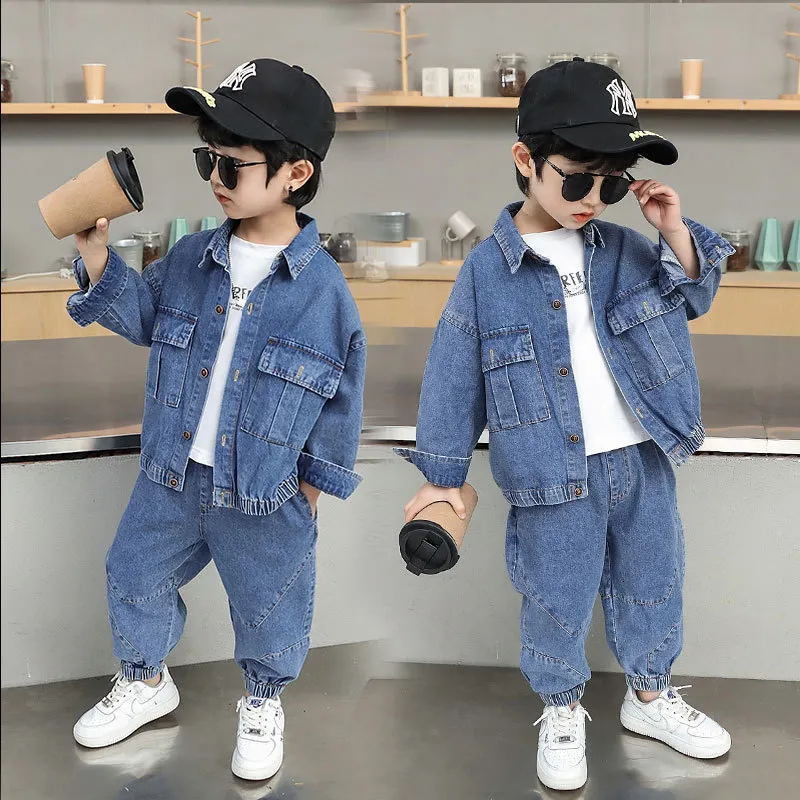 Kleidungssets Mode Jungen Denim Kleidung Set Frühling Herbst Taschen Denim Jacken Jeans 2 Stücke Anzüge 2-10 Jahre Kinder Jungen Outfits 230614