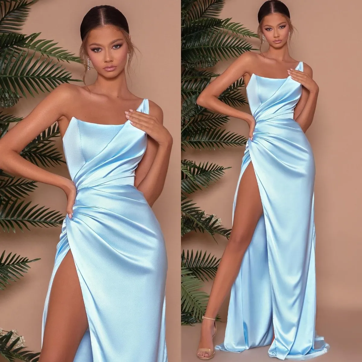 Sexy himmelblaue Ballkleider, trägerlos, Party-Abendkleider, Falten, Schlitz, formelles langes Kleid für besondere Anlässe