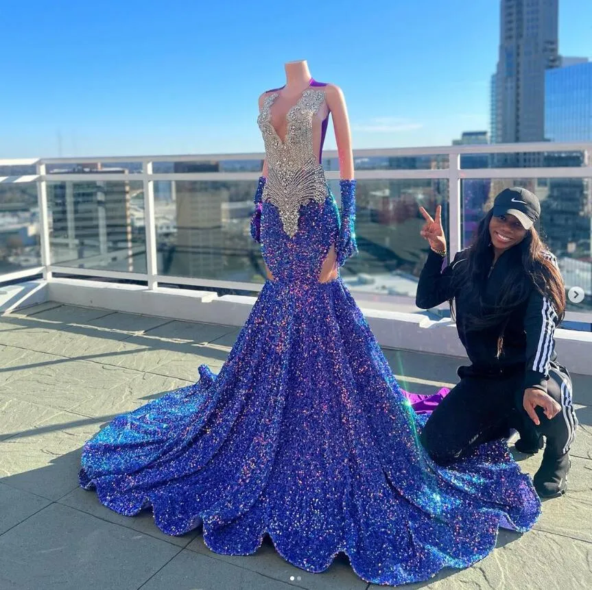Sparkling Lilac Lavender African Mermaid Evening Dress for Special Occasions