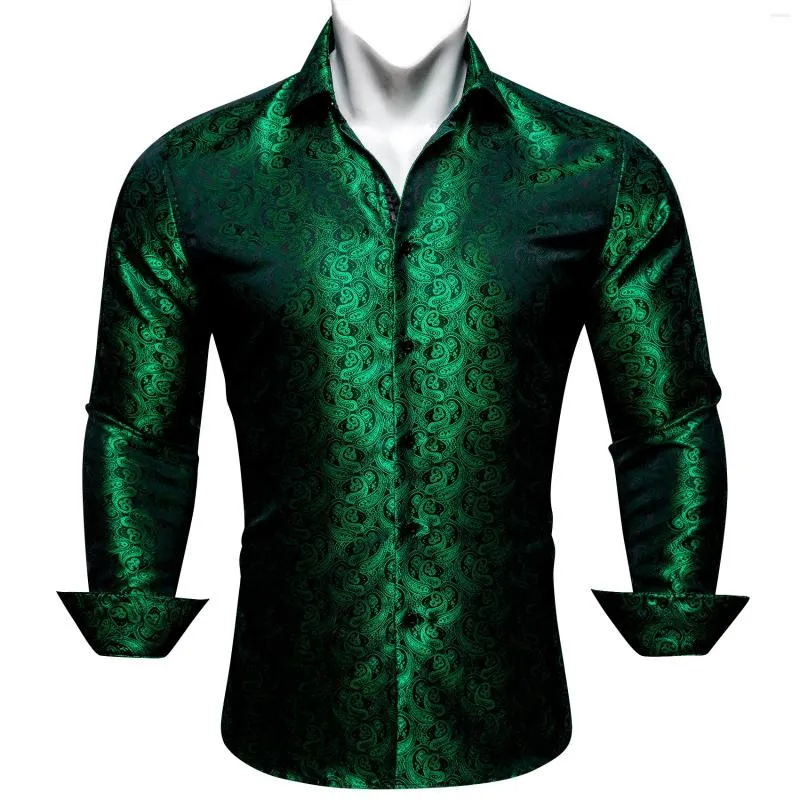 Camisas casuais masculinas de seda de luxo para homens verde paisley manga longa bordado tops de seios simples blusas formais regulares justas 622