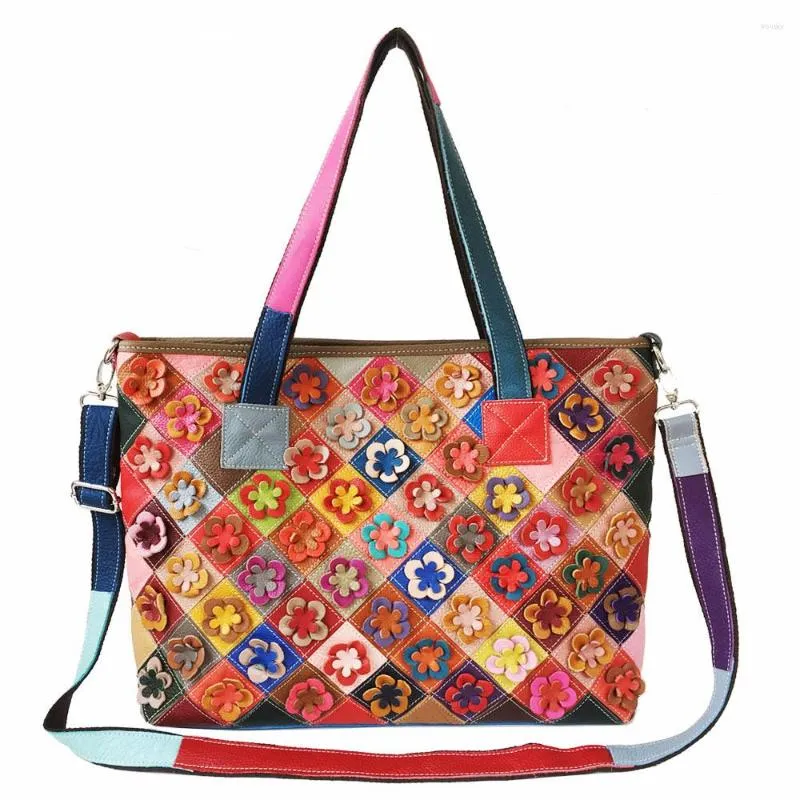 Bolsas de noite Patchwork Floral Couro Genuíno Bolsa de Couro Artesanal Cor Flores Costura Borla Mensageiro de Ombro Bolsa Feminina