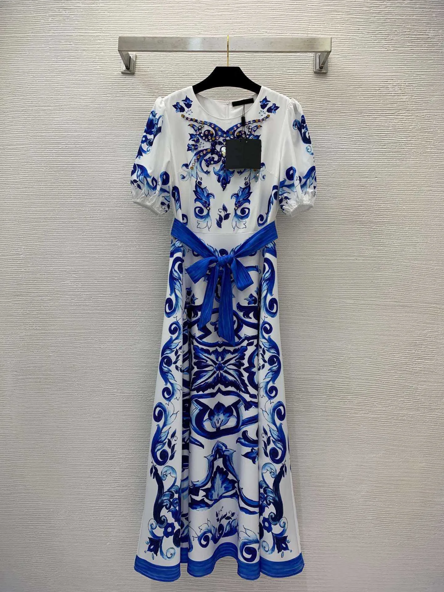 23ss summer dresses women dress women designer clothes Heavy Industry Diamond studded Beads Blue and white Print Swing Bubble Short Sleeve Dress Women clothes