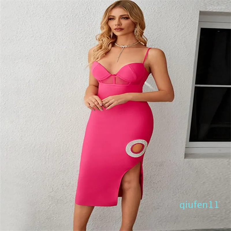 Abiti casual Abito fasciatura rosa per donna 2023 Elegante abito da festa sexy impreziosito da cristalli