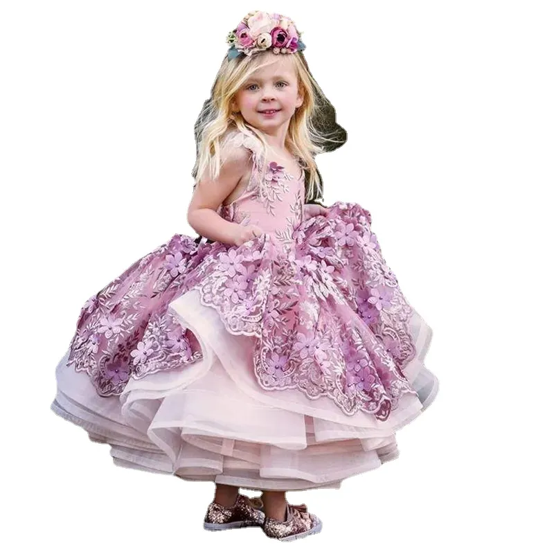 Belle Spaghetti Strap Fleur Filles Robes pour Mariage Volants Jupe Dentelle Perle Enfants Tenue De Cérémonie Puffy Petites Filles Première Communion Robe