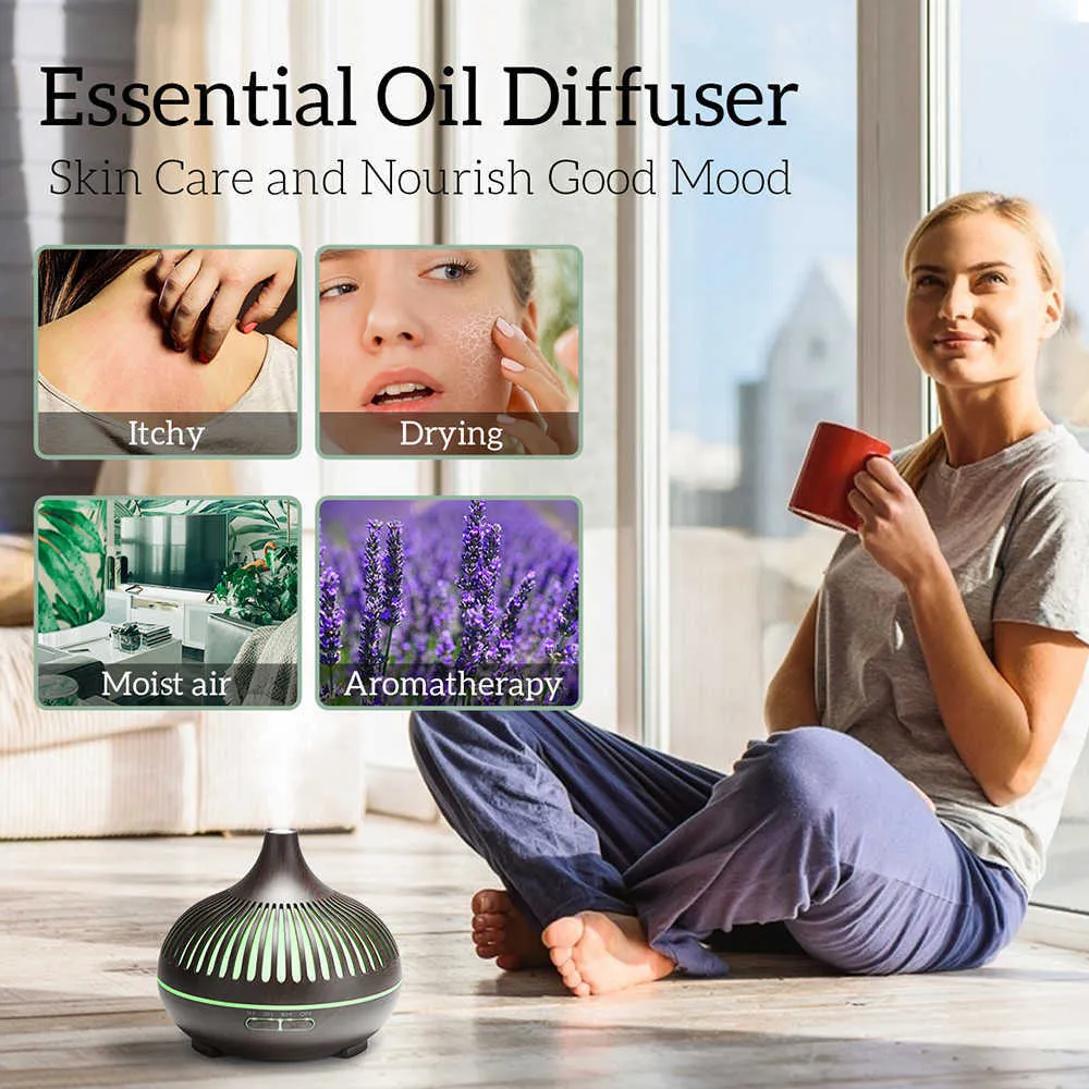 Luftfuktare 500 ml aromaterapi Essential Diffuser trämorn fjärrkontroll Ultrasonic luftfuktare Cool med färgledd LED