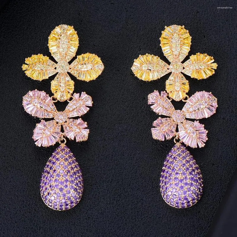 Boucles d'oreilles pendantes Kellybola Dubai Afrique magnifique pendentif fleur en zircon cubique pour femmes anniversaire de mariage bijoux de haute qualité