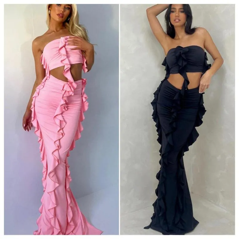 Kvinnors spårningsdräkter ruffles klänning 2 stycken Set Women 2023 Summer Beach Wear Holiday Outfits Crop Tube Tops och Back Split bodycon Long kjol