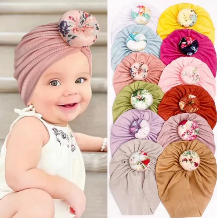 Baby hatt runda knut baby flicka hatt blommor tryck donuts turban huvud wraps baby barns motorhuven beanie nyfödda fotografering rekvisita slitage