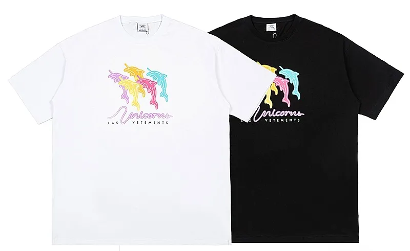 23SSVTM Couleur Dauphin Motif Lettre Imprimer Lâche Décontracté T-shirt à Manches Courtes pour Hommes et Femmes Tendance