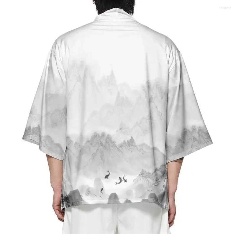 Vestuário étnico Chinês Pintura de paisagem Impresso Cardigã Camisa Haori Verão Mulheres Praia Quimono Três Quartos Homens Asiático