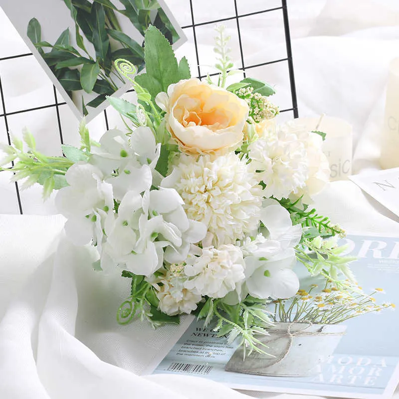 Букет из сухих цветов, белый искусственный пион, чайная роза, осенняя шелковая подделка для DIY, гостиной, домашнего сада, свадебное украшение