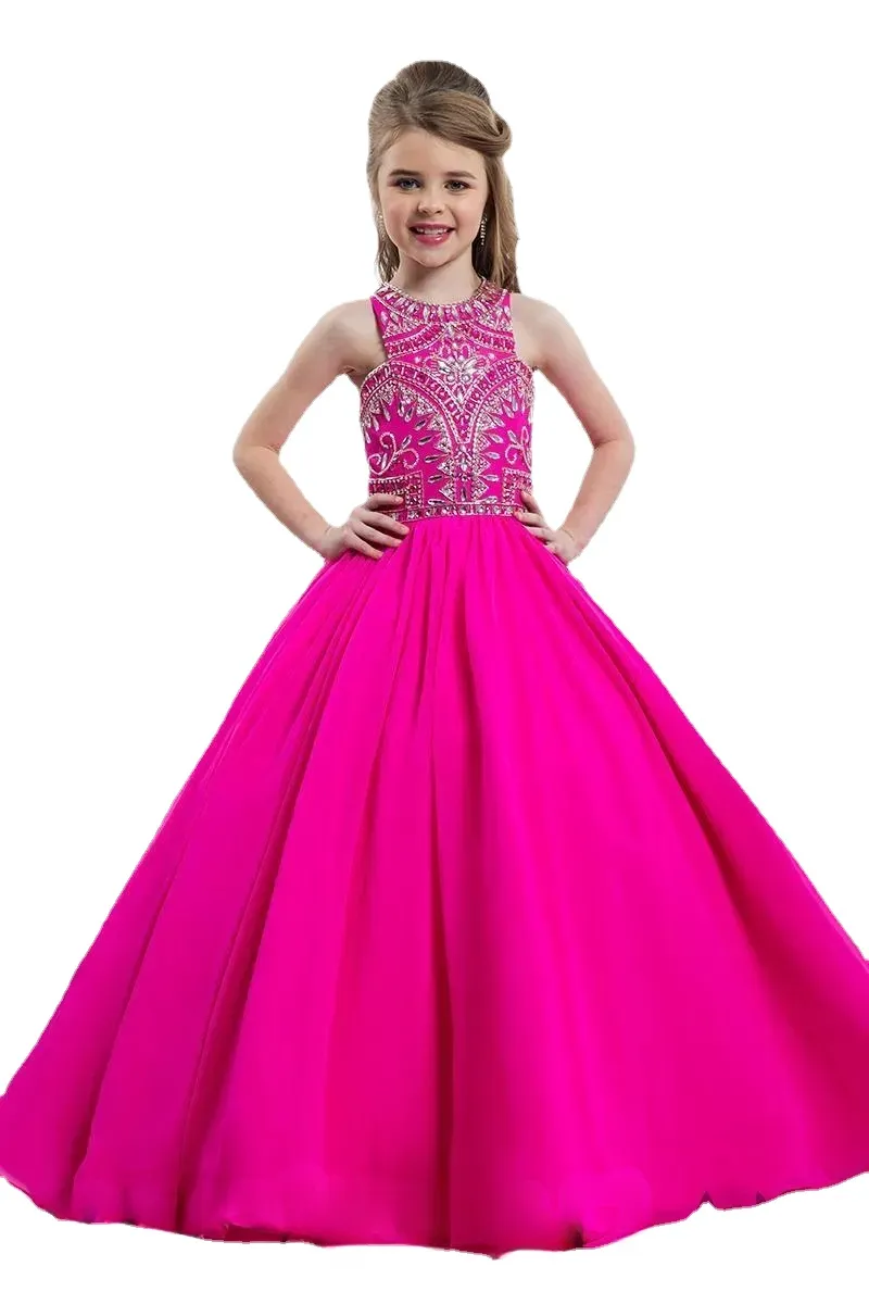 Vestidos de desfile de princesa fúcsia quentes para adolescentes com contas, strass, até o chão, flores, roupas formais, vestido de aniversário para crianças