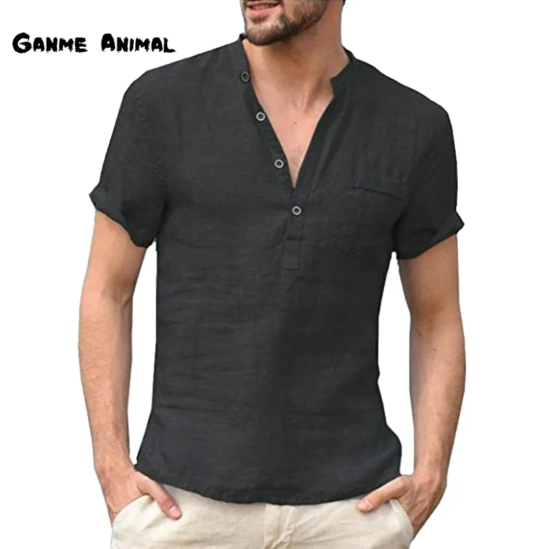 Herr t-shirts sommar mode bomull linne casual t-shirts casual manlig kort ärm V-krage andningsbar herr tee-knapp-up t s-5xl 230615