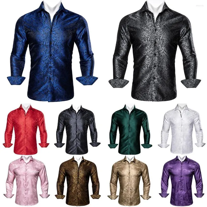 Chemises Casual Homme Designer Soie Pour Homme Bleu Noir Rouge Vert Blanc Or Rose Marron Violet Paisley Fleur Manches Longues Printemps Slim Tops