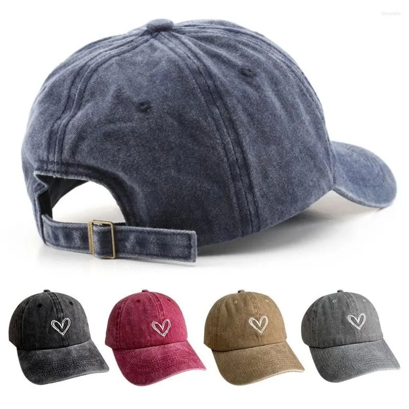 Cappellini da ciclismo Uomo Donna Regolabile DENIM LAVATO Protezione solare Cappelli Baseball Love Heart Ricamo Distressed Faded Cap