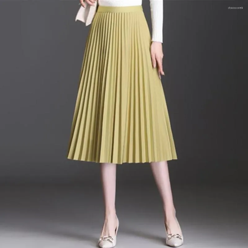 Skirts Korean Fashion Solid Color Pleated Skirt Womens Elastic High Waist A-Line Midi Summer Loose Purple White Yellow