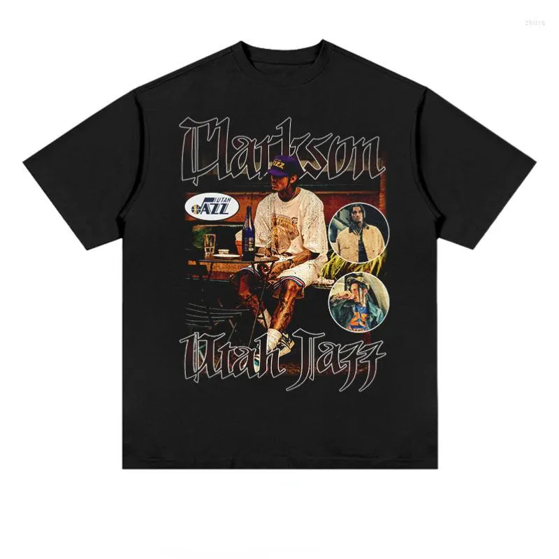 Erkek Tişörtleri Amerikan Retro T-Shirt Clarkson Pistons Basketbol Yıldız Baskı Kısa Kollu Yüksek Sokak Yıkama Yıpranmış Tees Trend Büyük Boy Gömlek