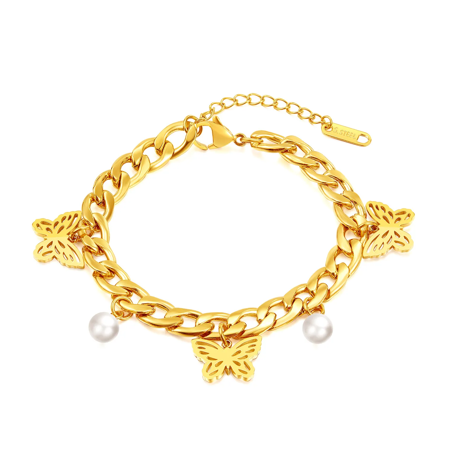Bracelets de chaîne à maillons en acier inoxydable simples bracelet à breloques papillon perle pour femmes filles bijoux plaqué or 16 cm + 4 cm n1386
