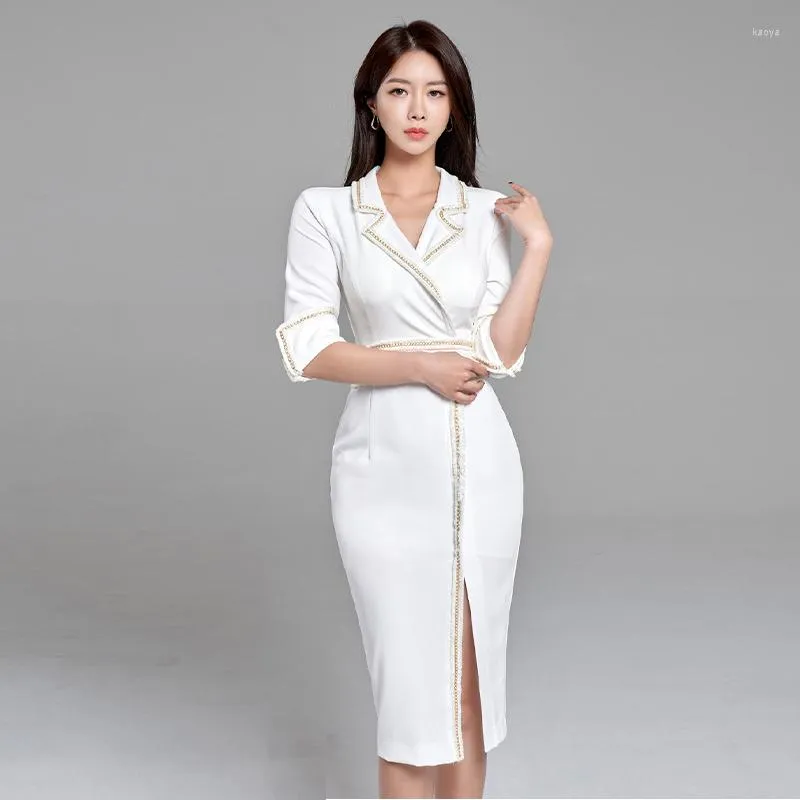 Casual Kleider Ankunft Mode Frühling Midi Kleid Frauen OL Temperament Beruf Koreanische Weiß Einfache Dünne Dünne Tasche Hüfte Split Bleistift