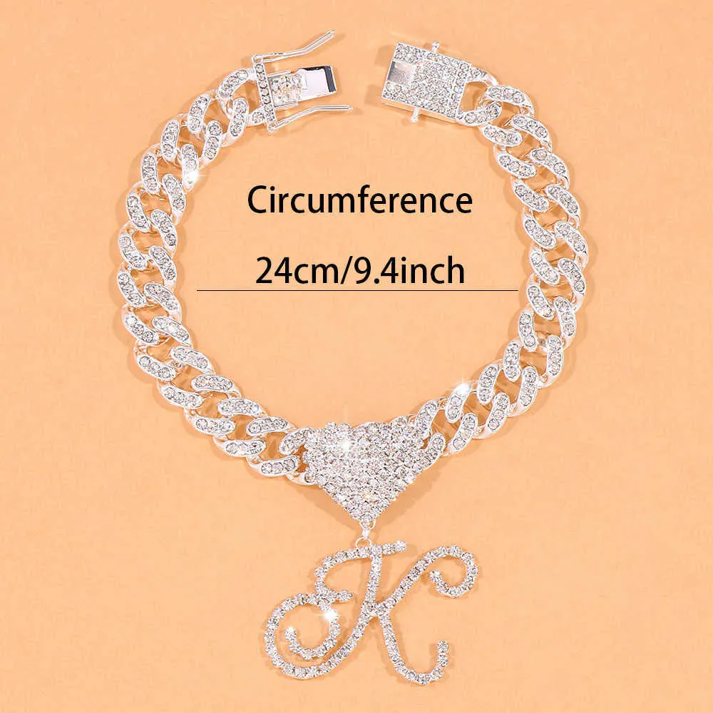 Anklets Hip Hop Rhinestone Heart Letter Anklet Bracelet Groothandel voor vrouwen Sandalen Zomer AZ Rapper Cuban Link Chain Iced Out Pendant 230608