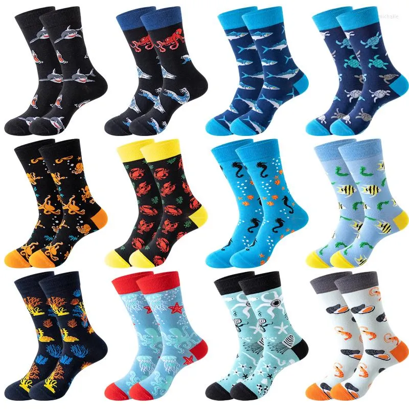 Chaussettes pour hommes mode hommes japonais Harajuku heureux dessin animé hippocampe crabe crevettes corail tendance mâle bas drôle