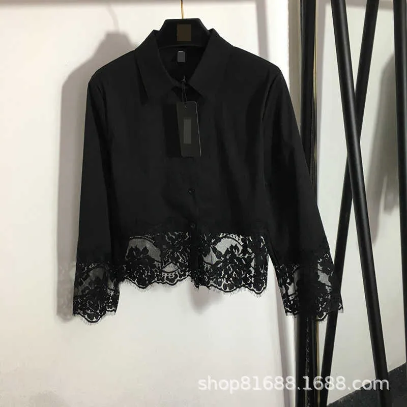 23ss hoge hals blouse damesshirt dames merkkleding Four Seasons Wearable Lace Panel Zoom Katoen Veelzijdig shirt met lange mouwen voor dames Dameskleding