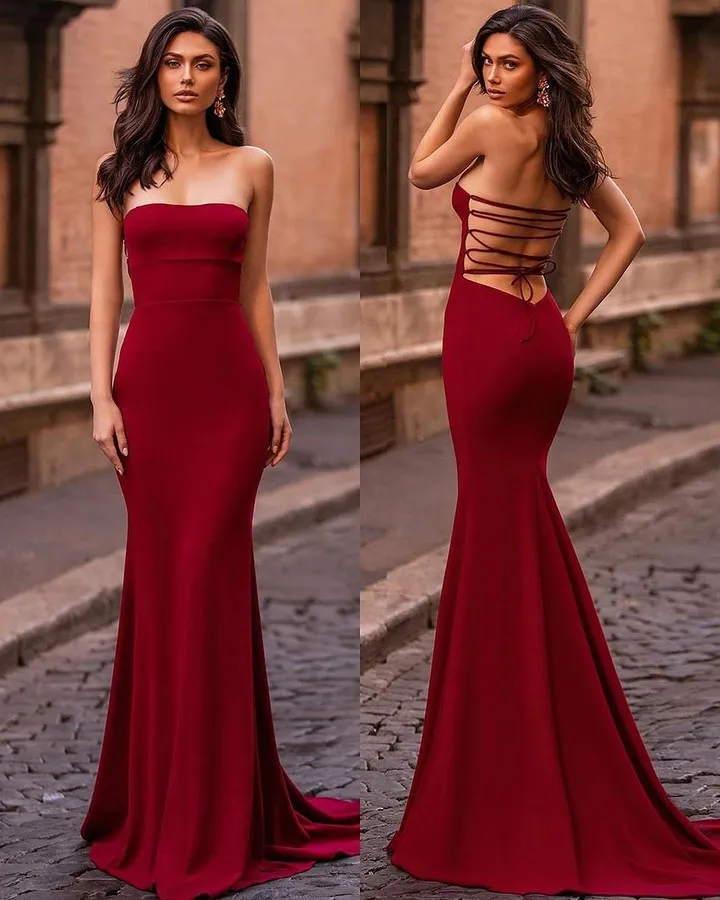 Sexy Burgundy Prom Dresses Strapless Lace Up Back Party Evening Gowns Pleats Formal Long Special Occasion dress