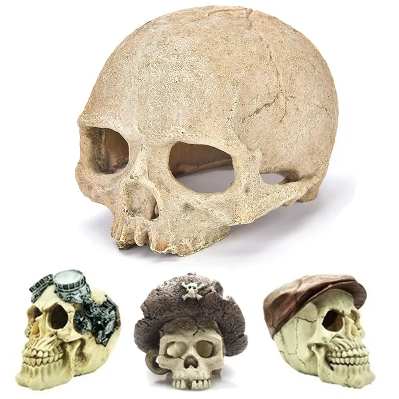 Decorations Resin Pirate Skull Skeleton Head Bone Statue for Lizards Terrarium Reptile Hide Cave Aquarium Fish Tank Landscape Decor Ornament 230614