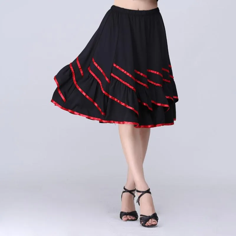 Stage Wear Latin Dance Square Dress Large Swing Skirt Mid Long Color Ribbon Half-length Milk Silk