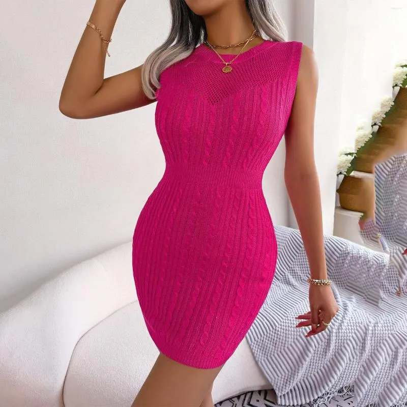 Casual Kleider Baumwolle ärmellose gestrickte Pit Stripe Weste Kleid solide Runde Kragen hohe Taille Damen Pendeln Frauen Mini