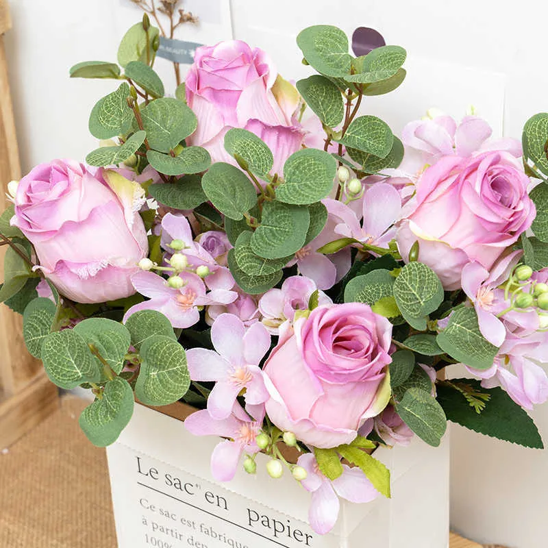 Fleurs séchées Belle Rose Soie Artificielle Pivoine Eucalyptus Maison Fête De Mariée Décoration De Mariage De Haute Qualité Automne Faux Bouquet
