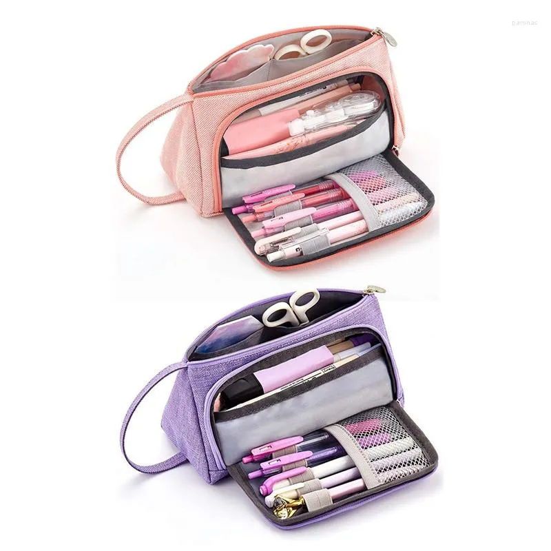 Färgad linne förvaringspåse Marker Pen Pencil Case Stationery Bag Holder for Middle High School Office Pink Purple