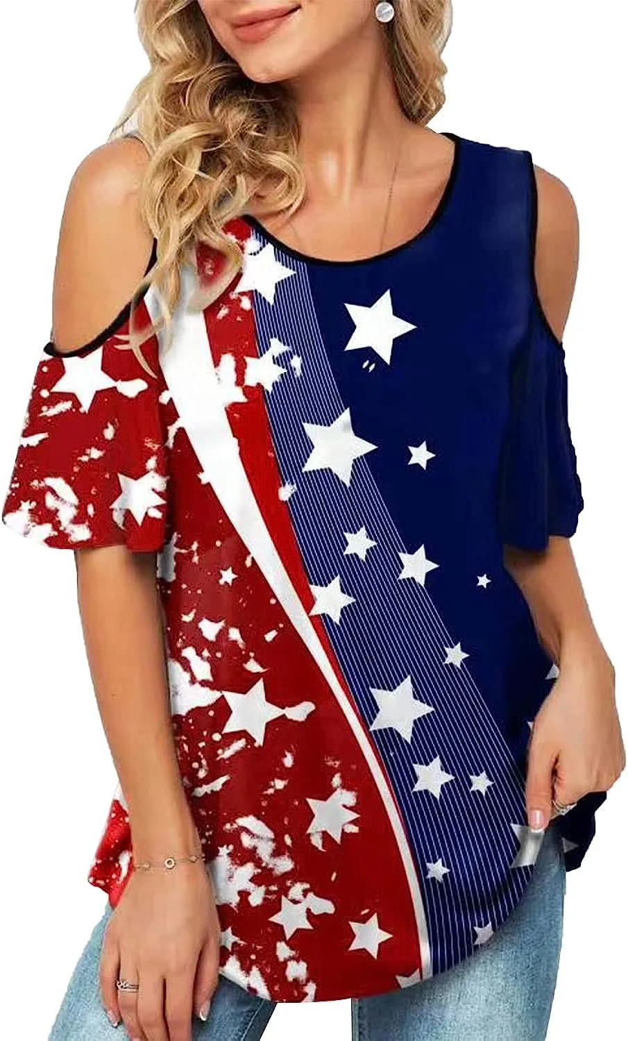 America Flag Shirt Women Cold Shoulder Patriotic Tunic Casual Independence Day Blouse Top