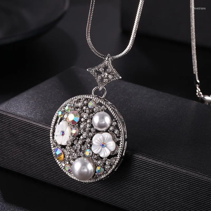 Hänghalsband Fashion Crystal Circle Halsband med barock simulerad pärla dingle svart lång kedja uttalande smycken för kvinnor