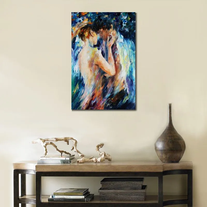 Arte contemporanea testurizzata Bacio di passione Dipinto a mano Amante figurativo Tela Pittura Arredamento camera da letto