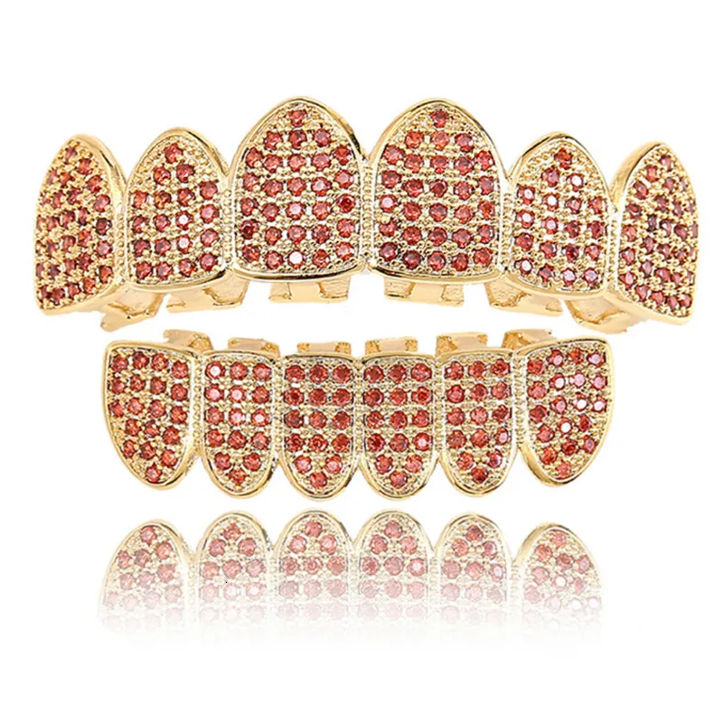 Neus Ringen Studs Volledige Oranje Kleur Kubieke Zirkoon Fangs Tanden Top Bottom Grills Mond Punk Caps Cosplay Party Rapper Hip Hop Sieraden 230614