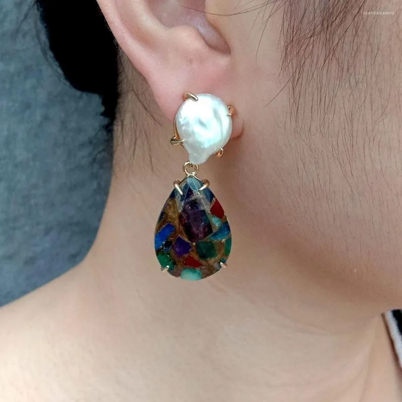 Stud Earrings KKGEM 18x25mm Brown Sea Sediment Jasper Drop Stones Cultured White Coin Pearl Gold Plated Women Jewelry