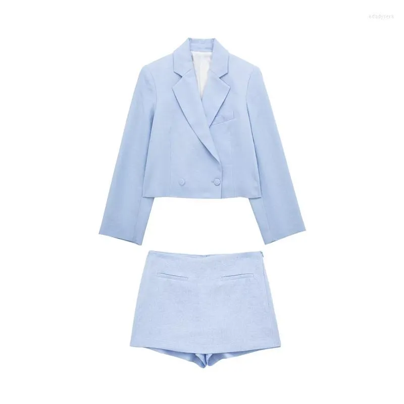 Arbeitskleider Sommer Revers Langarm Blau Leinen Anzug Jacke Hohe Taille Slim Culottes Zweiteiliges Set für Damen