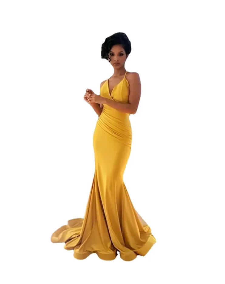 Robes de soirée jaunes sexy avec plis longueur de plancher de spaghetti sur mesure longues robes de bal dos nu robes d'occasion spéciale