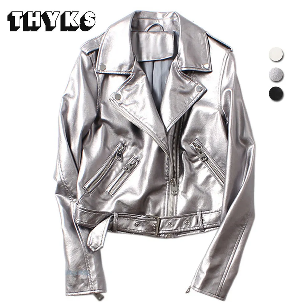 Women's Jacket Faux Leather Lady Glossy Silver PU Motorcykel Biker Street Coats Female Soft Outwear With Belt 230615