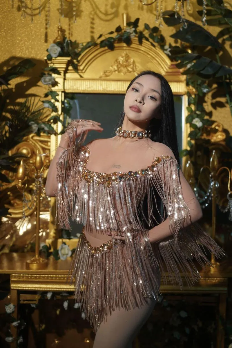 Sahne Giyim Glisten Rhinestone Pulinler Fringes Bodysuit Akşam Dansçı Kostüm Seksi Balo Partisi Şeffaf Doğum Günü kıyafeti Weixiao