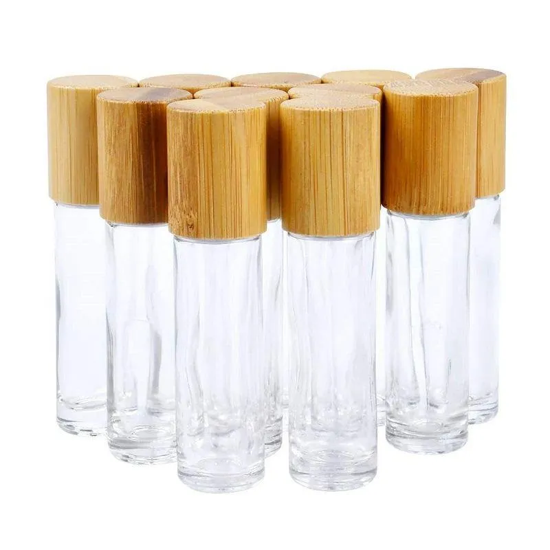 Bottiglie roll-on di olio essenziale da 5 ml 10 ml Bottiglia di profumo roll-on in vetro trasparente con tappo in bambù naturale Sfera a rullo in acciaio inossidabile Jgapi