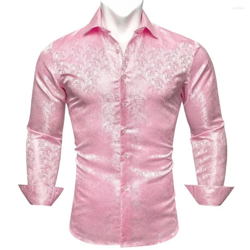 Herren-Freizeithemden, Designer-Seide, Herren-Oberteile mit rosa Paisley-Stickerei, Langarm, Frühling und Herbst, formell, lässig, reguläre Slim-Fit-Bluse 632