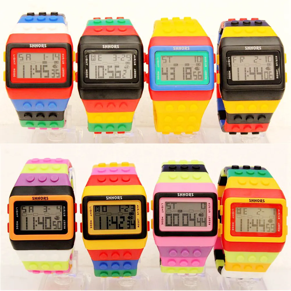 Damenuhren, modisch, SHHORS, Bausteine, Regenbogen, DIY, digital, elektronisch, für Damen, Herren, Studenten, Mädchen, Jungen, Alarm, Sport, LCD-Armbanduhren, Geschenk 230615