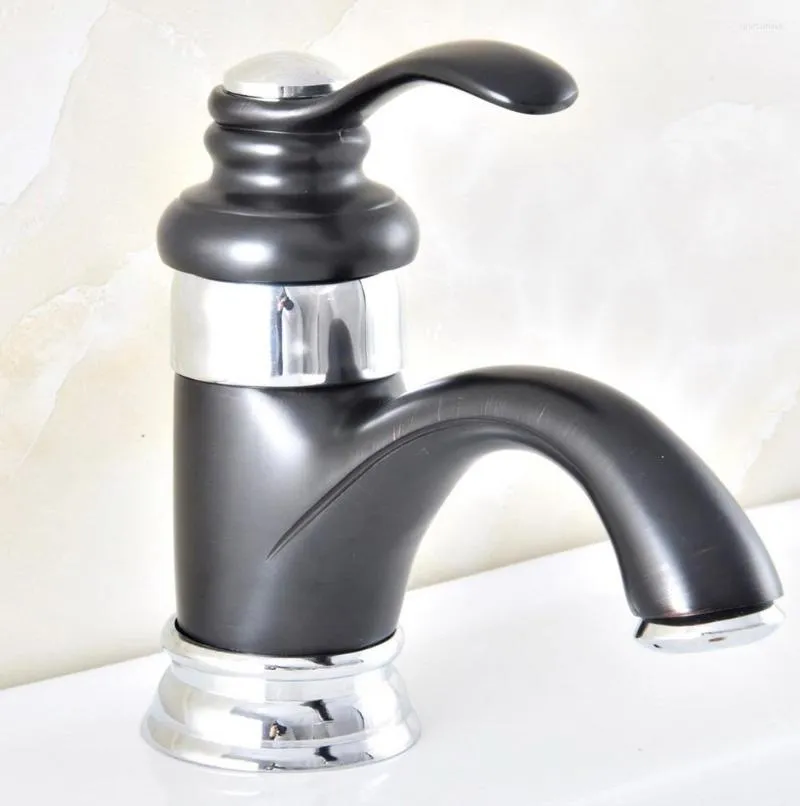 Bathroom Sink Faucets Basin Black & Chrome Brass Faucet Deck Mounted And Cold Water Single Hole Mixer Taps Nnf305