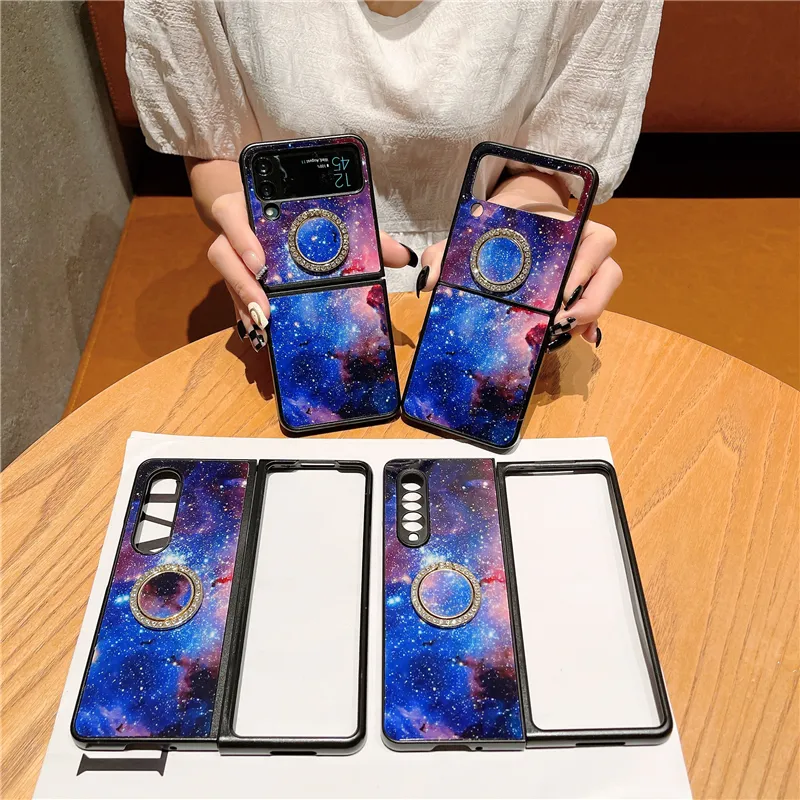 Luxuriöse Space Vogue-Handyhülle für Samsung Galaxy Folding Z Flip3 Flip4 5G, langlebig, Diamant-Ringhalter, vollständig schützende, weiche Stoßstange, Galaxy Starry Fold Shell, stoßfest