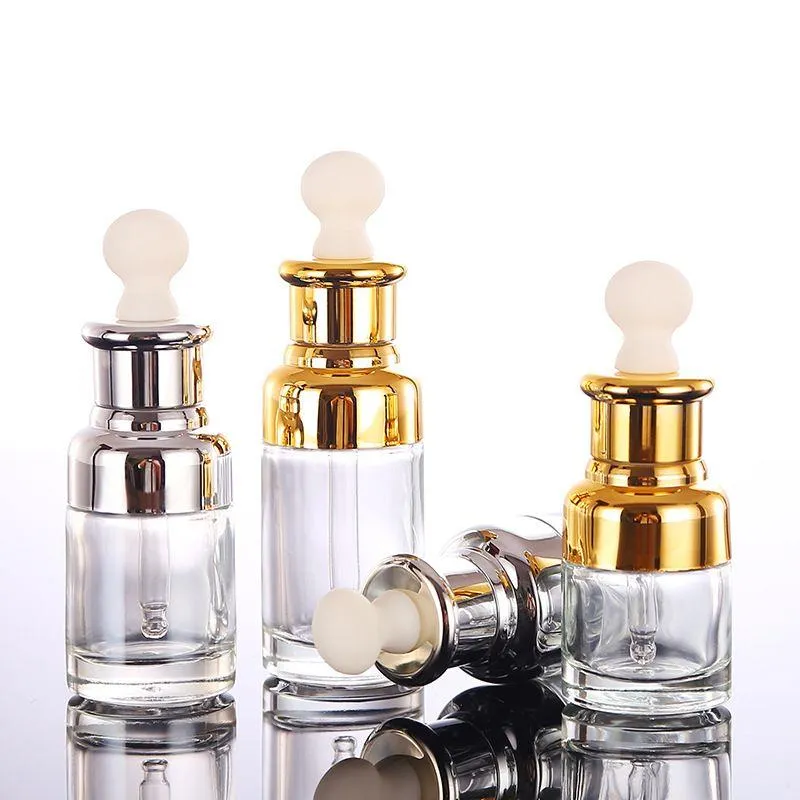 Clear Glass Essential Oil Perfume Bottles Liquid Reagent Pipette Bottles Eye Dropper Aromatherapy Plated Gold Silver Cap 20-30-50ml Who Qcco