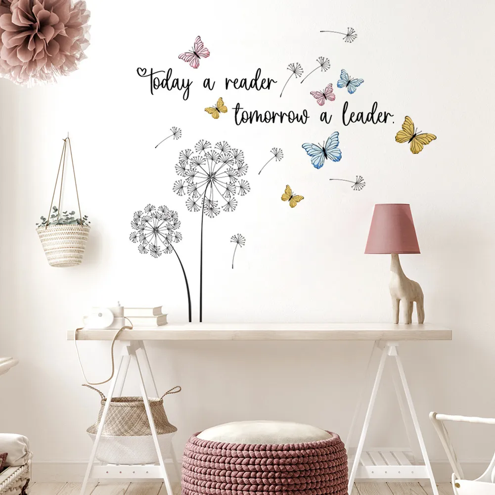 タンポポの蝶の心に強く訴える引用壁ステッカーベッドルームリビングルームホームデコレーションデカール壁紙コンビネーションステッカー