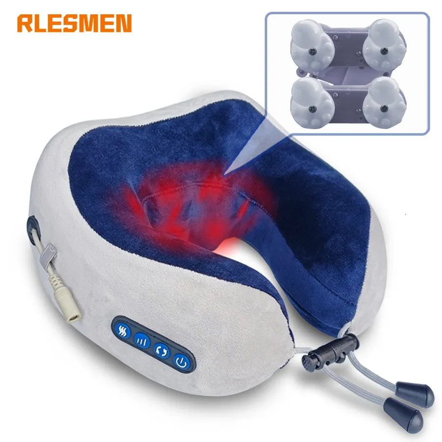 Head Massager RLESMEN 4 Heads Travel Pillow Neck Massager Relaxation Heating Vibrator U-shaped Cervical Vertebra Electric Massage Health Care 230614